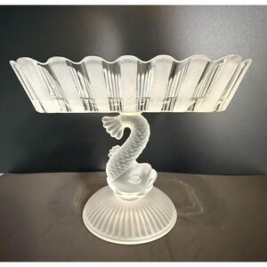 Vintage Fostoria frosted/clear ribbon Koi Pedestal ‎ compote HFM stamped